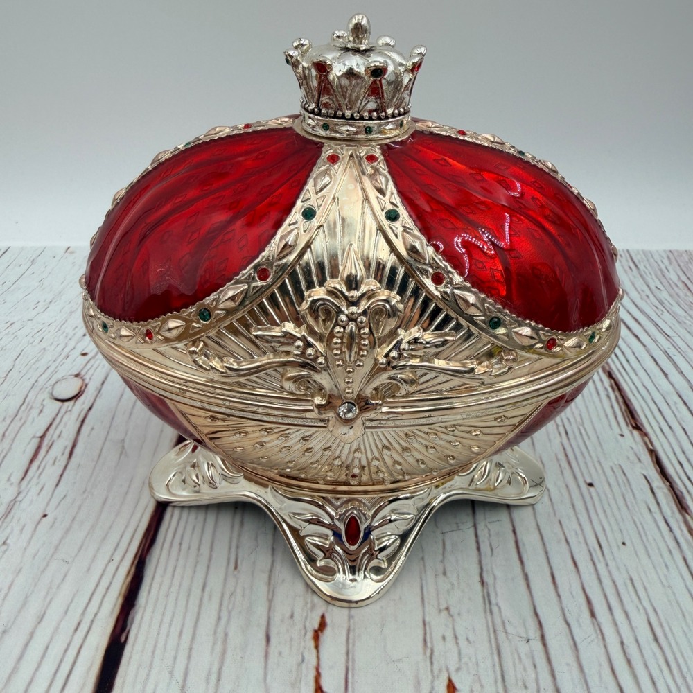 Wallace Silver Plated Red Enamel Egg Musical Jewelry Box Sankyo Nutcracker King